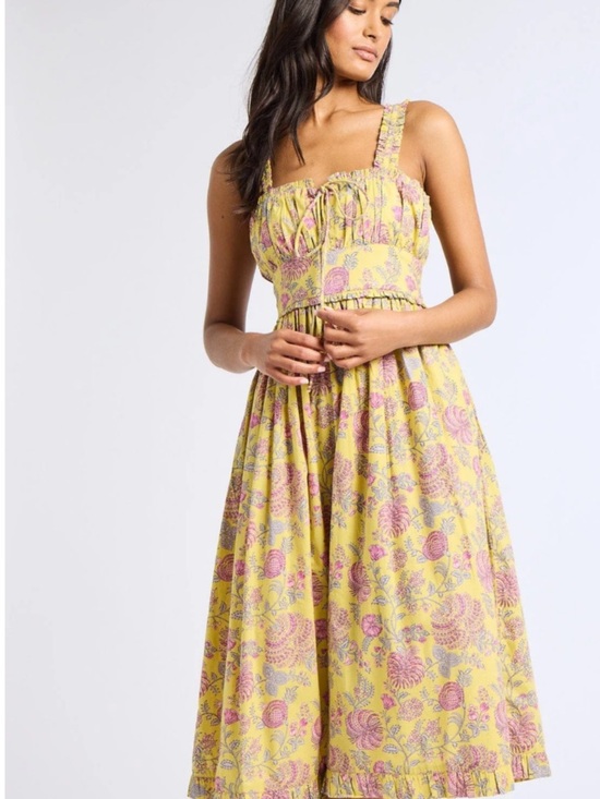 Millie Dresses & Skirts - Yellow Midi Dress with Pink Floral Print and Smocked Bodice